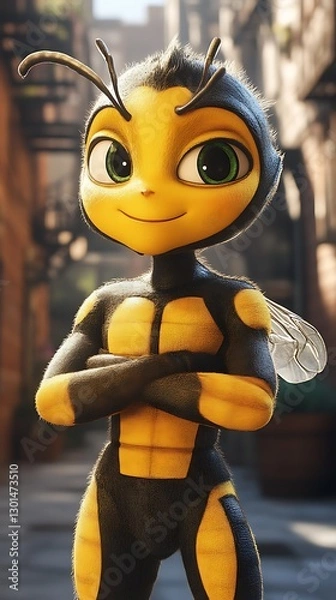 Fototapeta Animated bee crosses arms in town background