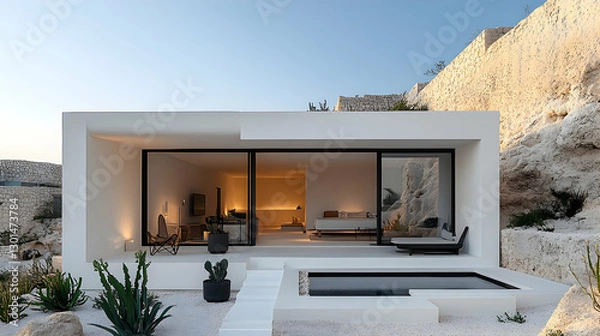 Fototapeta Minimalist modern house with pool, desert landscape