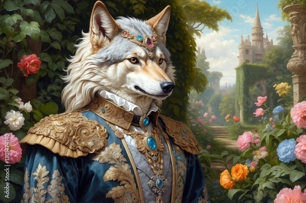 Obraz Regal wolf dressed in ornate royal attire stands proudly in a vibrant garden setting with a castle backdrop