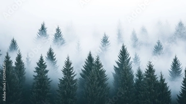 Fototapeta Ethereal Pine Forest Landscape with Fog and a Misty White Background