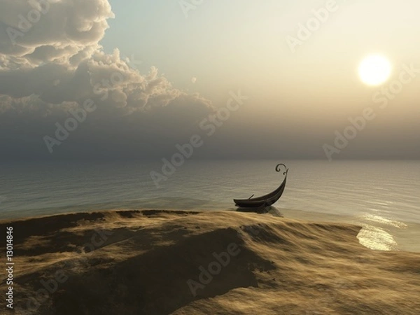 Fototapeta Beach - Ocean View with Rowboat on the Shore