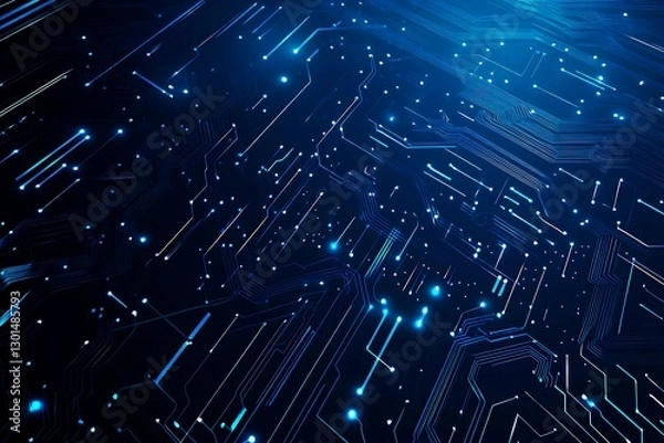 Fototapeta Abstract close-up of a glowing blue digital circuit board, showcasing intricate connections and technological design on a black background.
