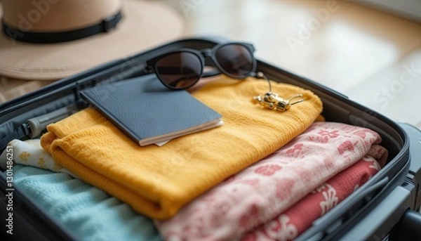 Fototapeta Packing essentials for a summer getaway home office lifestyle content cozy indoor setting close-up view travel preparation