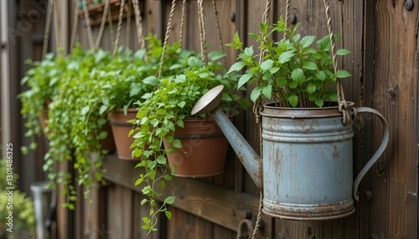 Fototapeta Hanging herb garden display rustic wooden fence photography natural setting close-up view home gardening inspiration