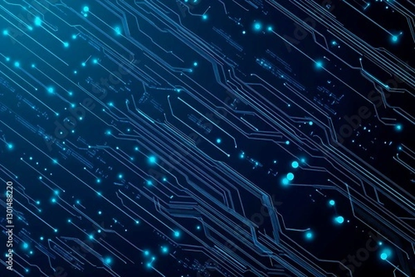 Fototapeta Abstract close-up of a glowing blue digital circuit board, showcasing intricate connections and technological design on a black background.
