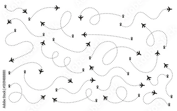 Obraz Airplane routes in dashed line trace set. Plane route lines tracking, location pins, planes, travel, map pins on white background.