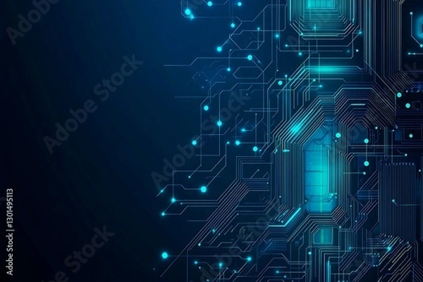 Fototapeta Abstract close-up of a glowing blue digital circuit board, showcasing intricate connections and technological design on a black background.
