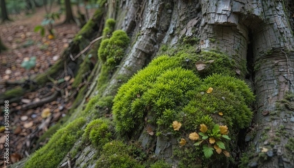 Fototapeta Exploring nature's textures moss growth on tree bark in enchanted forest close-up photography