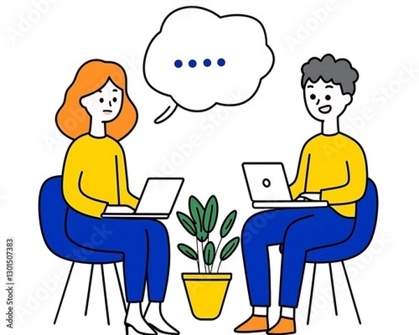 Fototapeta People using laptops having a conversation, indoor plants background, for presentation