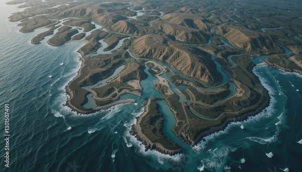 Fototapeta Aerial view of scenic coastal landscape serene bay area nature photography calm waters high perspective exploration