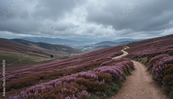 Fototapeta Exploring serene heather fields on a winding path scottish highlands landscape photography natural beauty panoramic view