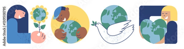 Fototapeta Earth Day! People caring about planet,  heart-shaped earth, dove with globe. Design on the theme of saving the planet. Hand drawn vector illustration