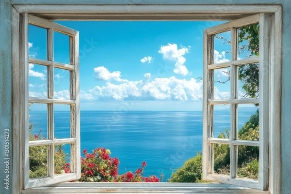 Fototapeta Vintage Window Ocean View - Serene coastal landscape seen through an open vintage window. Symbolizes freedom, tranquility, escape, hope, and summer