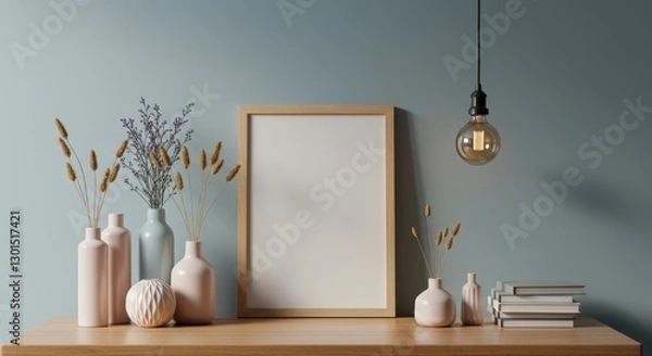 Fototapeta A modern desk setup against a muted blue accent wall with a blank wooden framed picture leaning against it