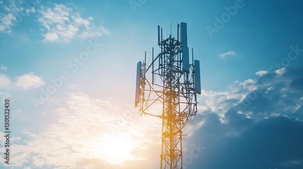 Fototapeta 5G mobile internet communication tower transmitting wireless broadband signals 5G antenna network for mobile signal broadcasting and telecommunication technology