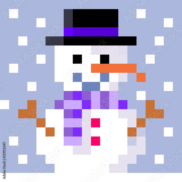 Fototapeta pixel art snow falling on smiling snowman with decorations