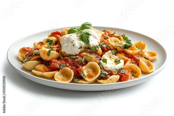 Fototapeta A plate of orecchiette with rich tomato basil sauce and creamy burrata, elegantly presented on a white background.