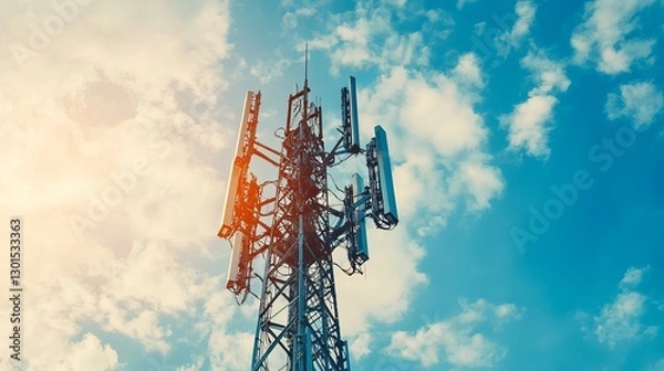 Fototapeta Telecommunication tower with 4G and 5G cellular macro base station 5G radio network telecommunication equipment with radio modules and smart antennas mounted on a metal structure against a