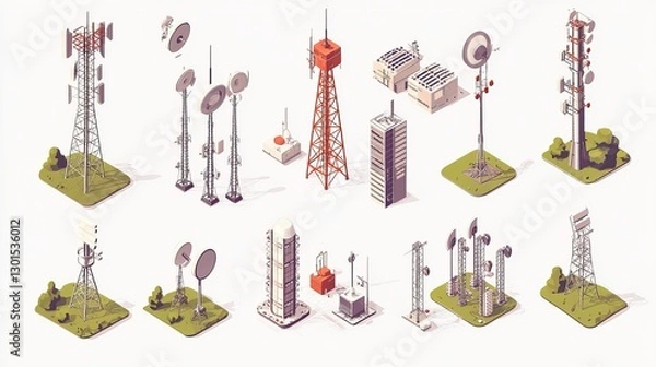 Fototapeta 3D isometric flat vector set of telecom towers and communicating radio constructions