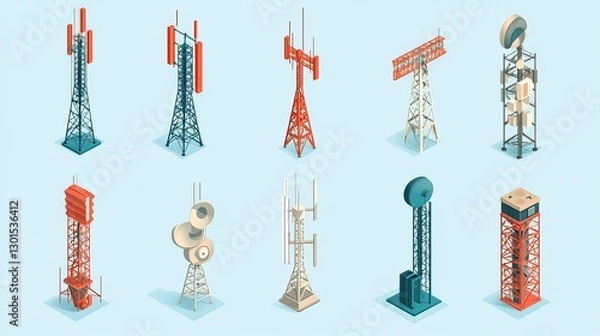 Fototapeta 3D isometric flat vector set of telecom towers and communicating radio constructions