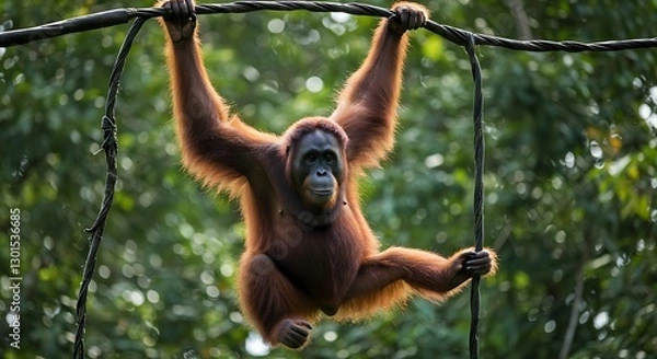 Obraz Orangutan Swinging with Strength on Vines in a Lush Forest
