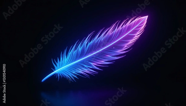 Fototapeta Futuristic glowing feather with neon blue and purple light on dark background, high-tech holographic effect