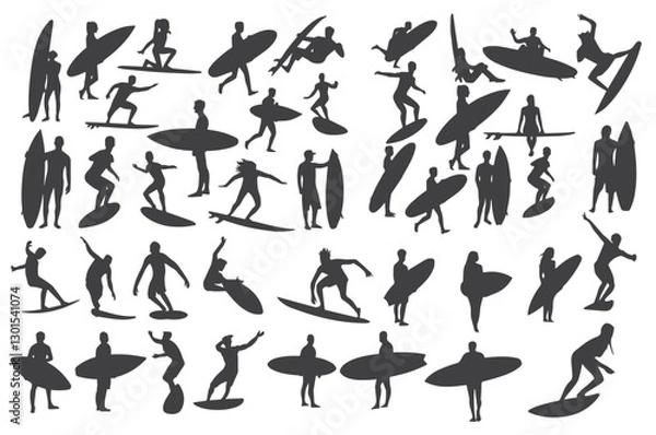 Fototapeta A collection of surfing silhouettes featuring different surf poses and actions. Ideal for sports, adventure, and ocean-themed designs.