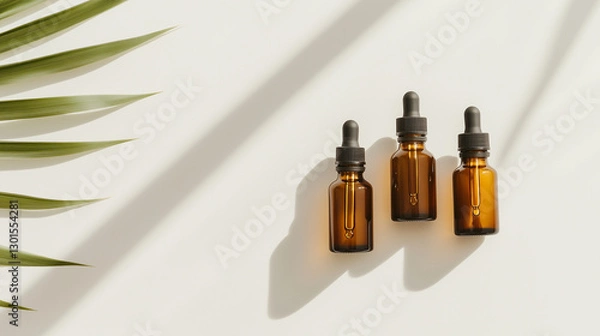 Fototapeta Aesthetic amber glass serum bottles positioned under soft palm shadows, creating a serene and organic setting perfect for showcasing skincare or botanical beauty products. natural