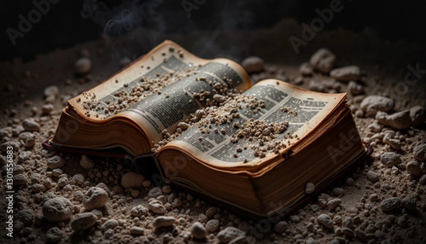 Obraz Dramatic Bible covered in ashes on textured surface, solemn reflection