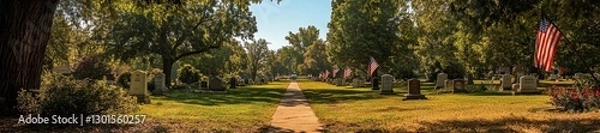Fototapeta A Peaceful Military Cemetery with American Flags on Each Grave. Generative AI