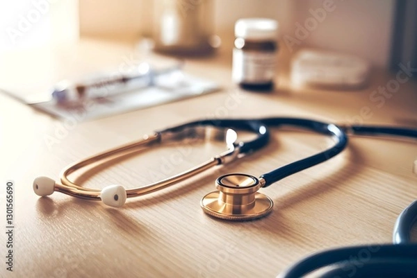 Fototapeta Golden Stethoscope on a Doctor's Desk
