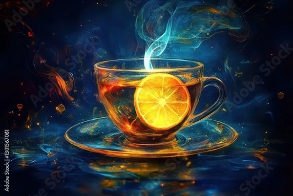 Fototapeta Glowing cup of tea with lemon, surrounded by herbal leaves, honey, and fresh ingredients, with a backdrop of warm sunlight, nurturing and restorative, symbolizing health