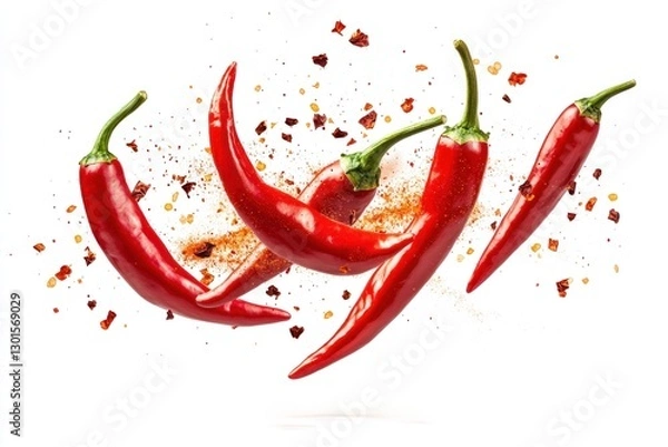 Obraz Four red chili peppers levitating with spice flakes against a white background.