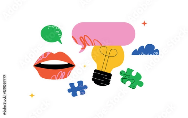 Fototapeta A playful illustration with lips, a light bulb, speech bubbles and puzzle pieces. A bold composition for the design of presentations, social media posts and infographics.