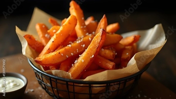 Fototapeta Crispy Sweet Potato Fries in a Basket with Dipping Sauce.