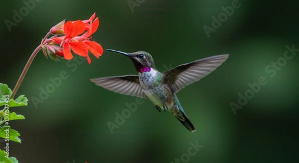 Fototapeta Vibrant Hummingbird Hovering Near Red Flower in Tropical Garden With Green Background