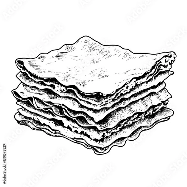 Fototapeta Detailed engraved illustration of stacked lasagna sheets on a white background