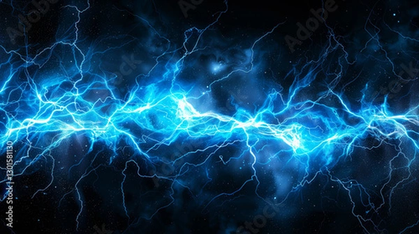 Fototapeta An explosion of blue electricity erupting against a black background, with dynamic, electric tendrils of light bursting outwards in a violent yet mesmerizing display. The vibrant blue energy crackles 