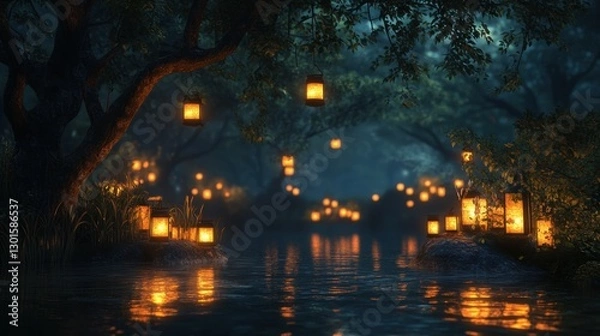 Fototapeta A serene night scene with glowing lights and candles, creating a tranquil atmosphere.
