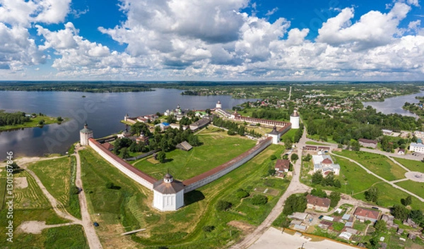 Fototapeta Aerial top view of ancient Kirillo Belozersky Monastery, fortress and lake Siverskoye on sunny summer day. Panoramic view to Church of the Transfiguration. Holy places, Kirillov, Vologda region Russia