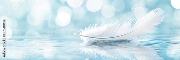 Fototapeta Single White Feather on Calm Water - A serene symbolizing peace, tranquility, lightness, hope, and new beginnings. A single white feather floats gently on calm blue water, reflecting the soft light