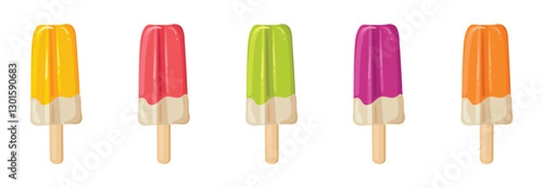 Fototapeta Fruit ice cream of different colors and flavors. Strawberry, lemon, berry and apple. Set of vector images of frozen juice on a transparent background.