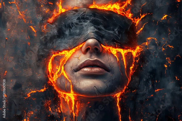 Fototapeta A close-up of a face with cracked stone skin and a molten lava blindfold, symbolizing power, destruction, and transformation in a surreal fantasy setting.  