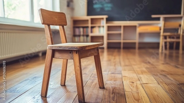 Fototapeta Empty wooden chair in a classroom with a chalkboard background