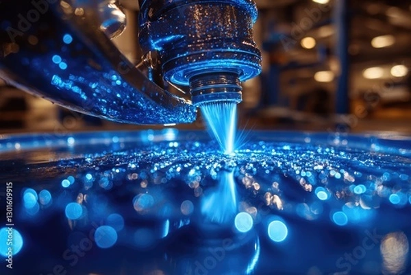 Fototapeta Abstract Blue Water Stream, Close-up Macro Photography, Glowing Bokeh Lights, Industrial Setting, Dynamic Fluid Flow