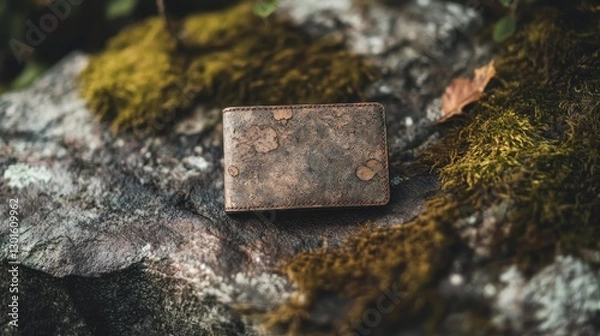 Fototapeta Rustic leather wallet resting on textured rock surface.