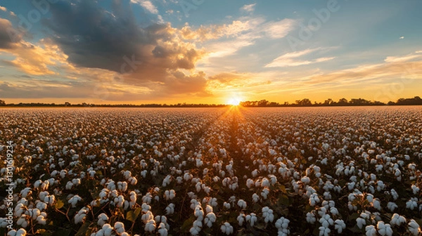 Fototapeta Expansive cotton fields at sunset, ready for harvest under a glowing sky
