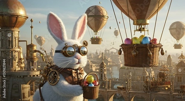 Obraz Steampunk Easter Bunny Delivering Eggs in Hot Air Balloons Over City
