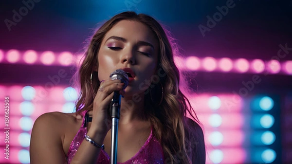 Obraz a singer with closed eyes singing into a microphone