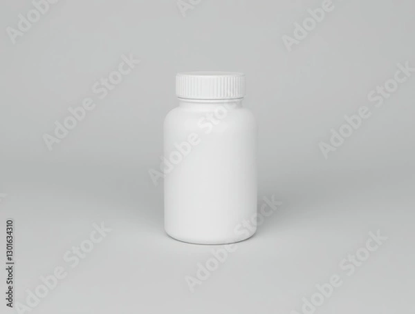 Fototapeta Close-up of a white pill bottle with cap on against a soft gray backdrop, symbolizing clean healthcare.
